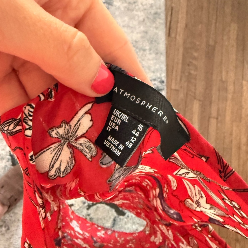 Atmosphere Red Floral Blouse with Black and White Blossoms